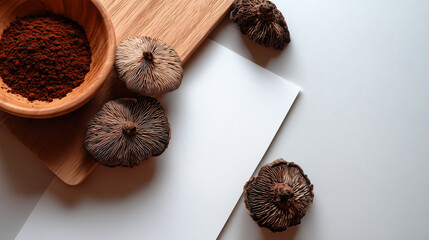 Coffee powder and mushroom combination on rustic wooden surface. Mock up of mushroom cafe brand indentity