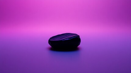 Dark stone object on a vibrant purple background.