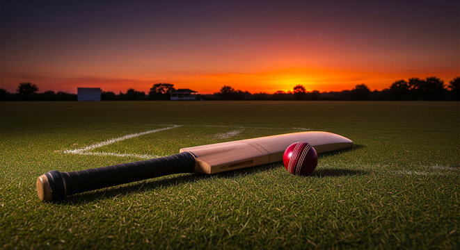 Evening cricket practice session with bat and ball resting on lush green field at sunset - Powered by Adobe