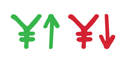 Hand drawn yen currency symbol Growth and fall profit with arrow up and down Brush stroke doodle Element for design