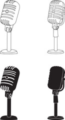 Vintage Microphone Set in Black and White Line Art and Silhouette