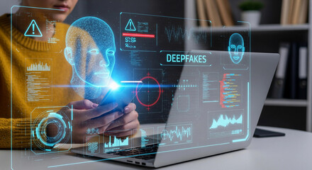 Person using smartphone with holographic interface showing deepfake detection. Concept of AI, cybersecurity, misinformation, digital identity, and facial recognition technology.	