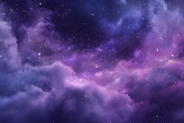 Fototapeta premium Vibrant purple and pink nebula cloud background filled with glowing stars, creating a dreamy and fantastical outer space sky scene with cosmic light, soft gradients, and a magical atmosphere