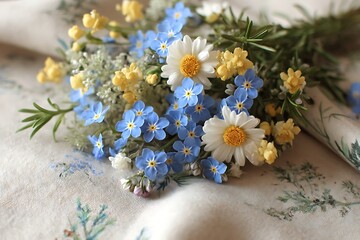 A whimsical arrangement of bright blue forget-me-nots, white daisies, and yellow primroses, intertwined with lush greenery like ivy and rosemary.