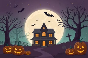 Fototapeta premium Spooky Halloween Haunted House with Pumpkins and Full Moon Illustration