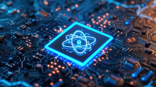 Glowing quantum computer processor atomic machine board