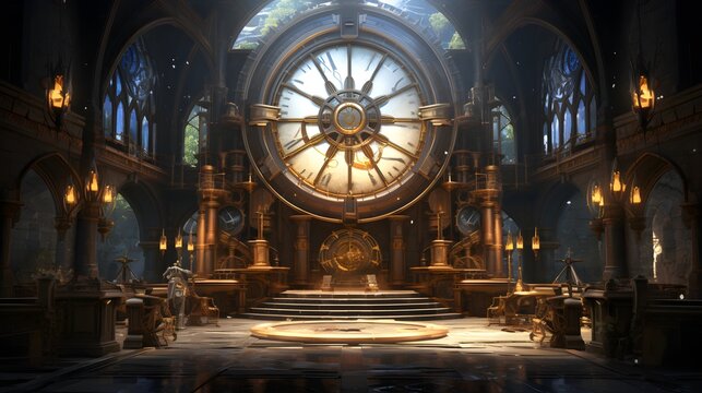 A steampunk clock tower interior with intricate machinery and grand architecture.