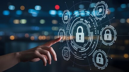 Close up of a person s finger interacting with a digital interface displaying cybersecurity icons and glowing locks against a blurred city background at night