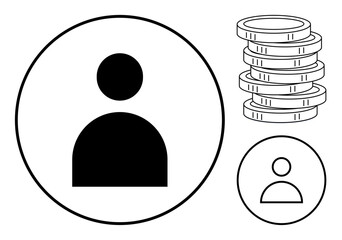 Person icon in black circles with a stack of coins. Ideal for finance, savings, income, management, personal account, fund allocation, decision-making. Simple flat metaphor