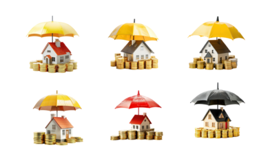 Collection of Small house model on stack gold coins under umbrellar, real estate investment concept isolate on transparency background