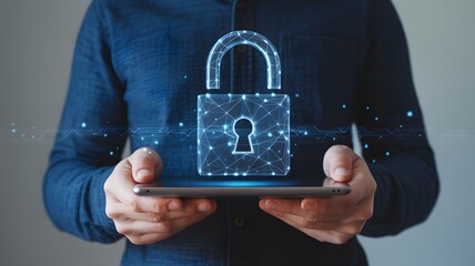 Person holding a smartphone displaying a glowing digital padlock icon with a network of connections symbolizing data security and online protection