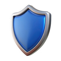 A shiny metallic silver bordered blue shield emblem with a glossy surface isolated on transparent background