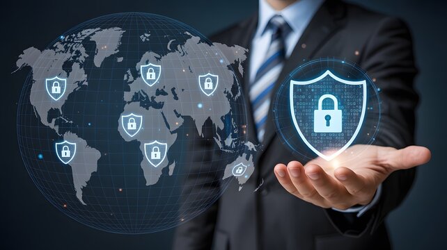 Businessman holding a glowing digital shield with a padlock symbolizing cybersecurity and global data protection with a world map overlay showing security icons