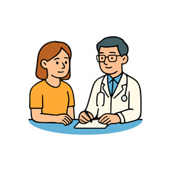 Friendly doctor with stethoscope talking to female patient during medical consultation, healthcare discussion cartoon image