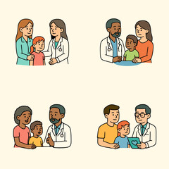 Collection of family healthcare visits showing parents and kids talking with doctors, cartoon medical scenes for health concepts