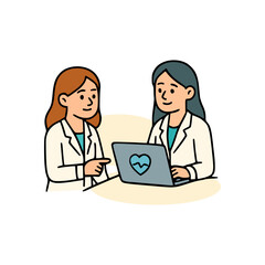 Cartoon illustration of women physicians collaborating on laptop with heart symbol, healthcare team digital consultation