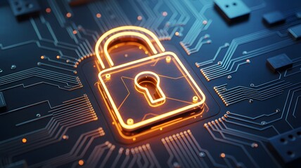 Glowing digital padlock symbolizing cybersecurity and data protection on a circuit board background representing technology and network security