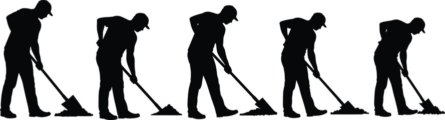 Cad drawing flat vector illustration, silhouette of laborer shoveling dirt, construction worker pose, manual work concept, black shape graphic