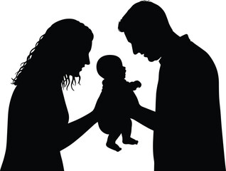 Cad drawing flat vector illustration, silhouette of parents holding baby, emotional connection moment, family bonding scene, nurturing love, black graphic art