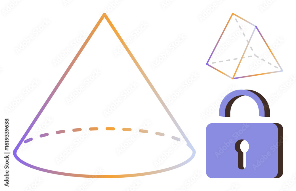 Poster cone with gradient outline, pyramid with dashed edges, and a padlock symbolizing geometry, security,