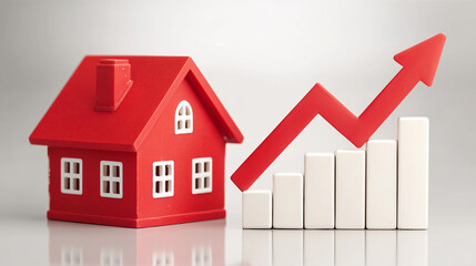 Red Miniature House beside Rising Bar Graph