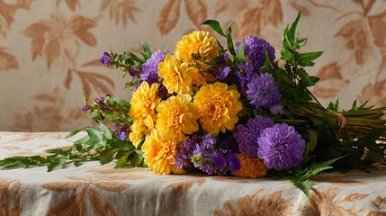 A whimsical bouquet of bright yellow marigolds, deep purple asters, and soft lavender, complemented by lush green ferns and trailing ivy