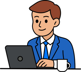 Cartoon Businessman Working on Laptop at Desk