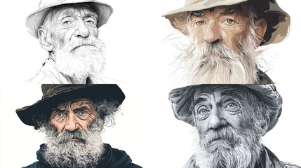 Four portraits of an elderly man with a beard and hat in differing styles
