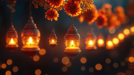 Decorative lanterns, floral display, night scene, elegant ambiance, suitable for celebration