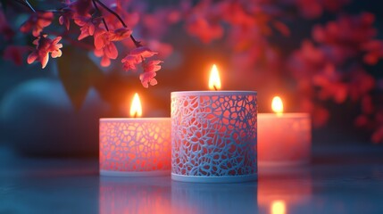 Decorative Candles with Pink Blossoms, Night Scene, Still Life, For Greeting Card