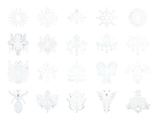 Collection of twenty white tribal designs arranged on a black background illustration