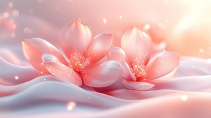 Delicate pink magnolia flowers on soft fabric, ethereal light, artistic floral still life, perfect for invitations, branding, or advertising