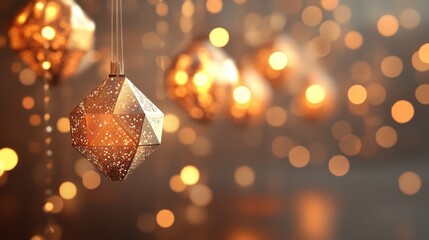 Decorative golden hanging ornaments, blurred lights background, festive ambiance, home decor, ideal for Christmas, or holiday displays