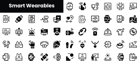 A collection of smart wearable icons showcasing various health and tech features, including fitness trackers, smartwatches, and health monitors in a minimalist style.