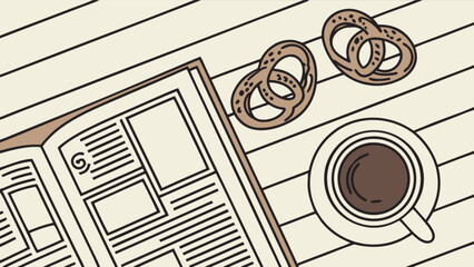 Illustration of an open newspaper with a cup of coffee and pretzels on a table, perfect for a cozy morning breakfast and reading the news, with a focus on business, finance, and stock market updates