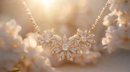 Diamond necklace, sunlight, flowers, jewelry, elegant, spring, background, close-up, use for fashion/advertising
