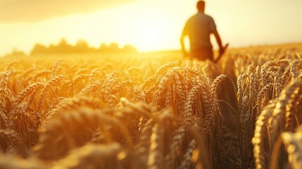 Farmer walking wheat field at golden sunset