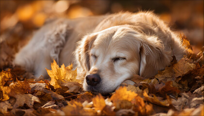 Golden retriever nestled in autumn leaves, bathed in warm sunlight for a cozy seasonal moment.