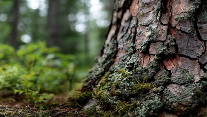 Obraz premium Close-up of a weathered tree trunk, mossy base, and blurred forest background