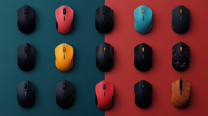 Collection of wireless computer mice in various colors and designs is arranged in grid pattern on split background of teal and red, showcasing modern technology and style