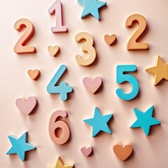 Naklejka premium Colorful wooden numbers, stars, and hearts on pastel background. Educational and playful concept for children