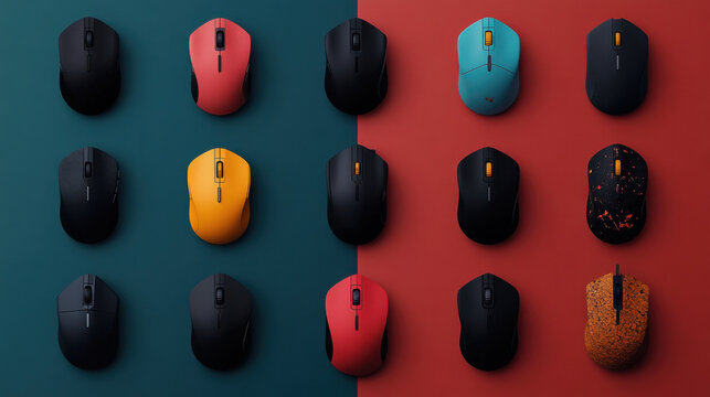 Collection of wireless computer mice in various colors and designs is arranged in grid pattern on split background of teal and red, showcasing modern technology and style