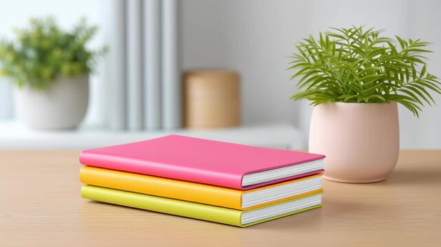 Colorful notebooks stacked beside a decorative plant on a desk.