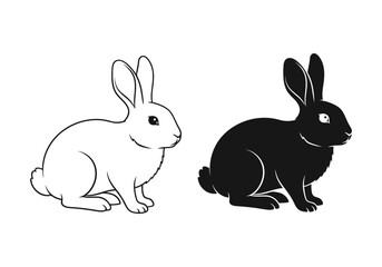 Obraz premium Vector art of two rabbits, one white and one black, sitting in profile isolated on white background
