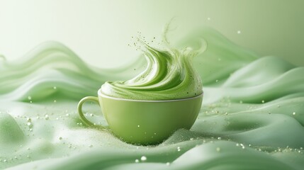 Matcha latte splash on fabric; food photography; drink; studio shot; possible use for a matcha beverage ad