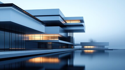 Modern Architecture by the Water, Exterior View, Foggy Day, Stock Photo