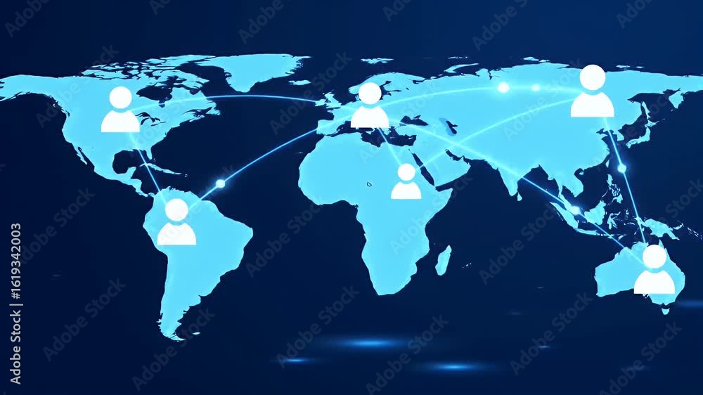 Poster worldwide communication network with people icons linked across a global map. a concept for teamwork