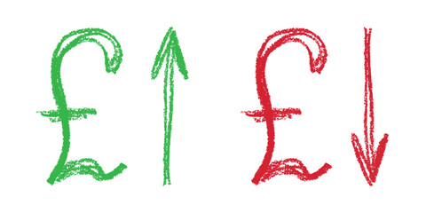 Hand drawn british pound currency symbol Growth and fall profit with arrow up and down Brush stroke doodle Element for design