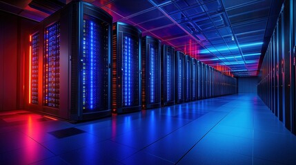 Fototapeta premium Neon-Lit Data Center Server Room with Colorful Glowing Racks