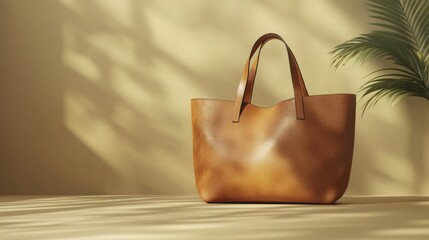 Tan tote bag on beige surface, sunlit shadows, plant